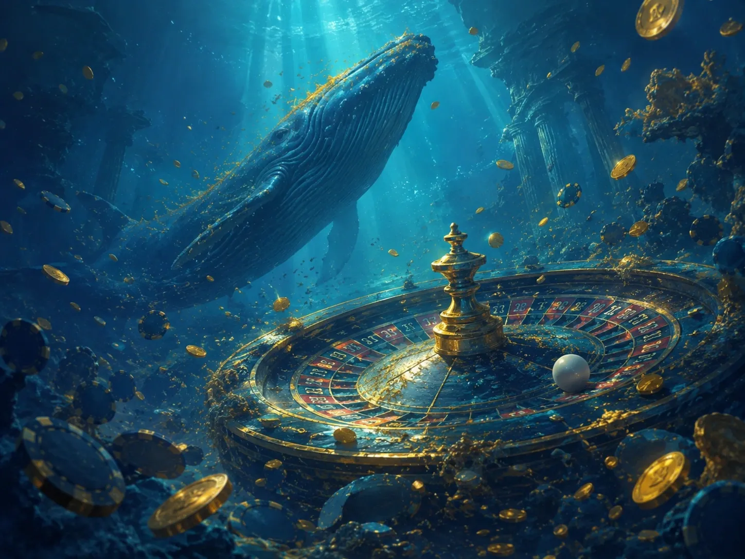 Underwater whale roulette wheel with floating coins and casino chips